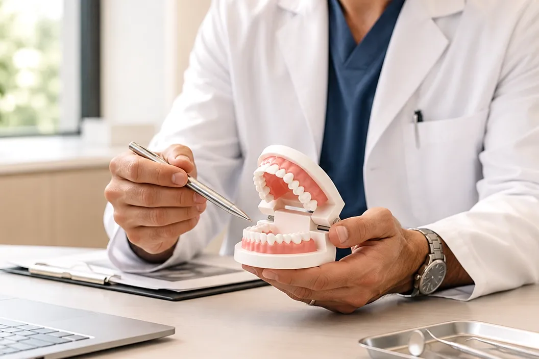 Dentist showing location for a root canal procedure